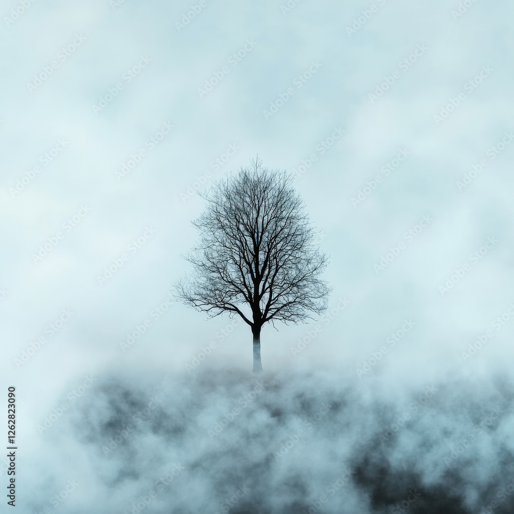 Poster a symbolic tree growing through a gray smog layer into clean skies.