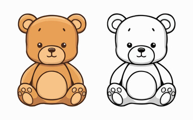 Two cute teddy bears side by side: one in brown color and the other as a simple black outline. Both feature friendly expressions