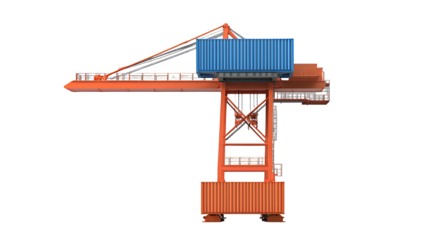 a 3d model of a red crane with a blue container on a transparent background, PNG image, PNG file, Generative art.