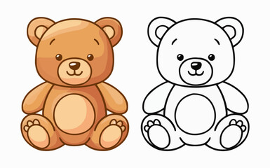 A brown teddy bear and a black-and-white outline of a teddy bear, both sitting down with friendly expressions