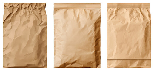 Three Brown Kraft Paper Bags With Varying Conditions On a Transparent Background