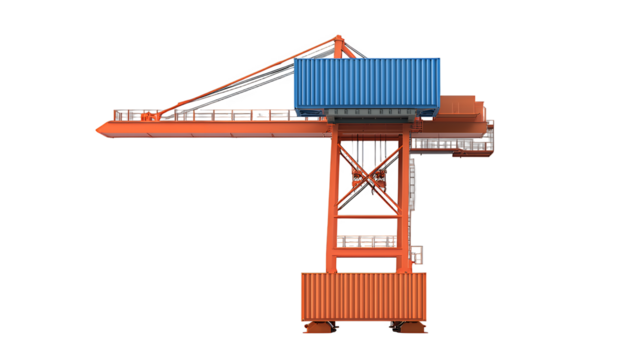 a 3d model of a red crane with a blue container on a transparent background, PNG image, PNG file, Generative art. - Powered by Adobe