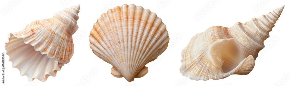 Poster three cream colored seashells displayed in a row against transparent backgrounds