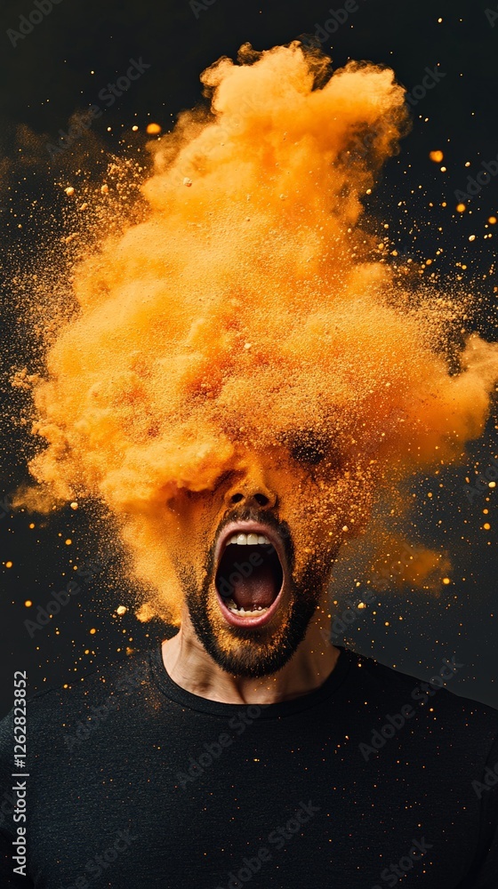 Aufkleber Man with exploding orange powder from his head screaming with open mouth, experiencing information overload and stress on a dark background