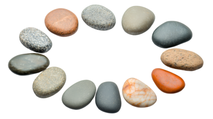 a collection of rocks and pebbles in various colors arranged in a circle on a transparent background, PNG image, PNG file, Generative art.