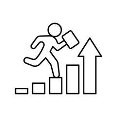 Man with a diplomat running up the graph. Isolated symbol sign used for: mobile, app, design, web, dev, ui, ux, gui. Vector outline icon on white. EPS 10. Can be used for any platform or purpose.