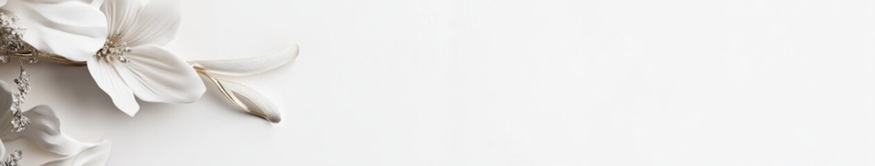 Banner in light colors, on a white background on the left a large lily flower. Lots of free space for text.