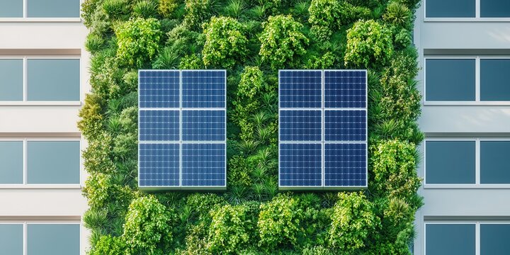 Sustainable urban architecture green building innovative solutions. A modern building facade featuring lush greenery intertwined with solar panels, showcasing sustainable architecture and eco-friendly