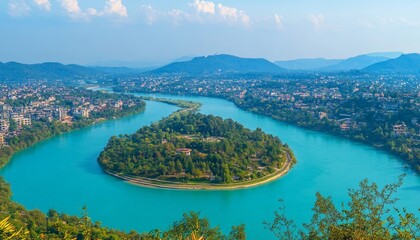 Naklejka premium Serene River Bend, Lush Island, and Picturesque Mountain Vista - Aerial View of Nature s Beauty