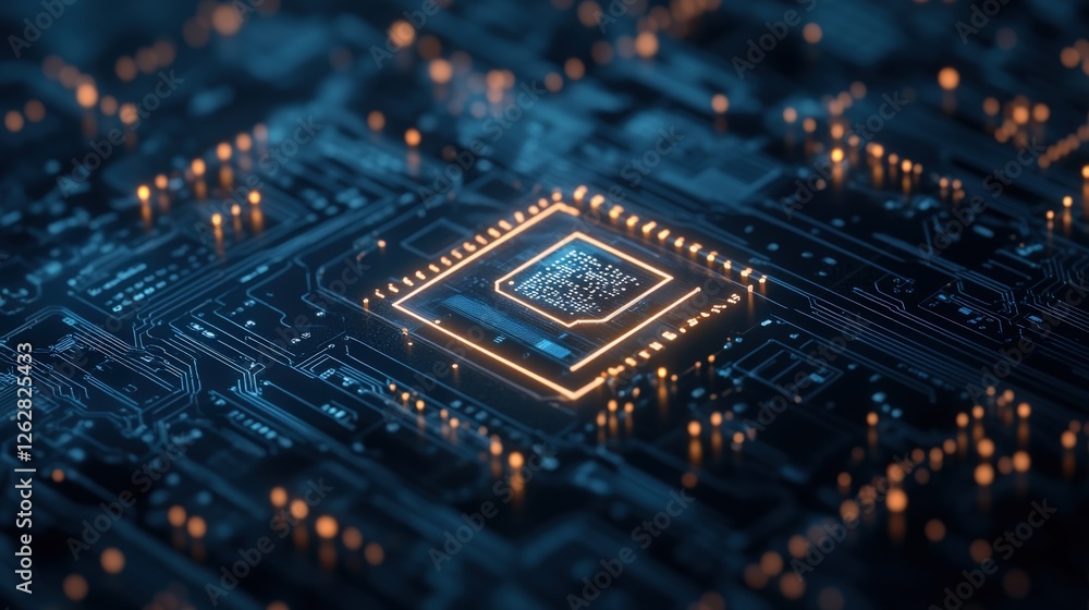 Poster Futuristic Abstract Close-Up of a Microchip on Circuit Board