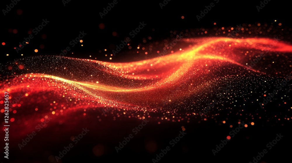 Poster a dynamic wave of glittering red and orange particles flows