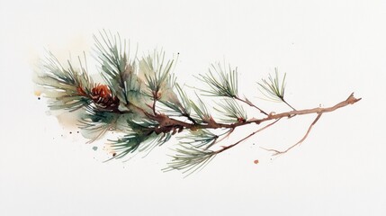 Watercolor pine branch with cone, nature, white background, botanical art, design element