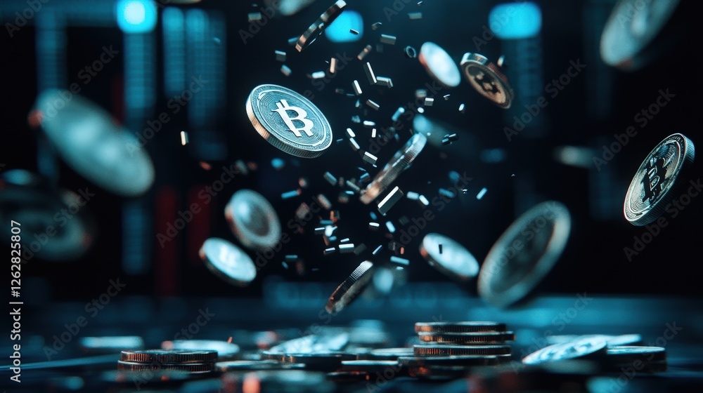 Poster cryptocurrency coins falling in digital environment background