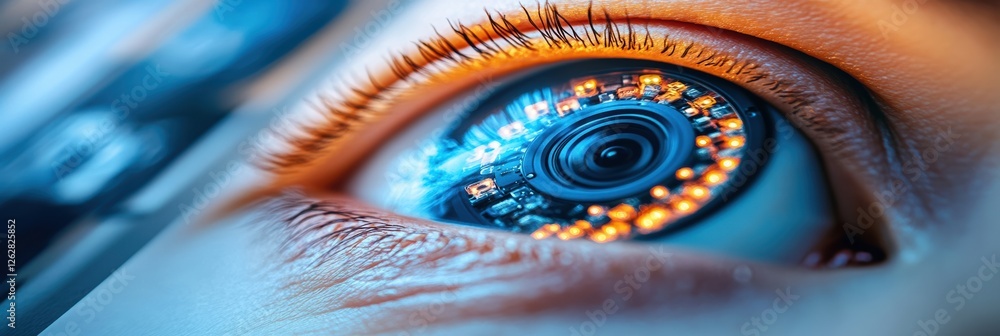 Poster eye with futuristic technology displaying bright electronic circuits and sensors