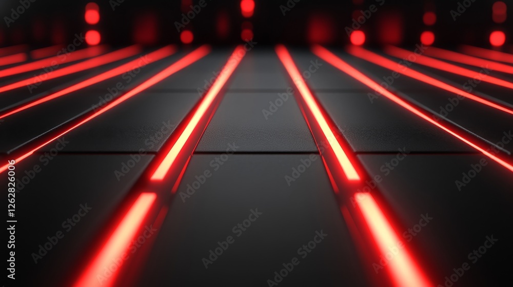 Poster red illuminated lines on a dark tiled futuristic floor