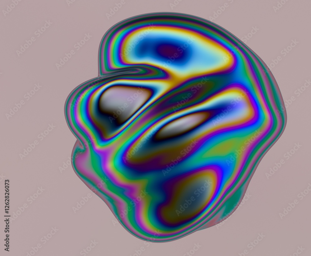 Poster Surreal 3D illustration of an abstract, fluid-like shape with an iridescent, multicolored surface. The form appears organic, with smooth, undulating curves reflecting vibrant hues.
