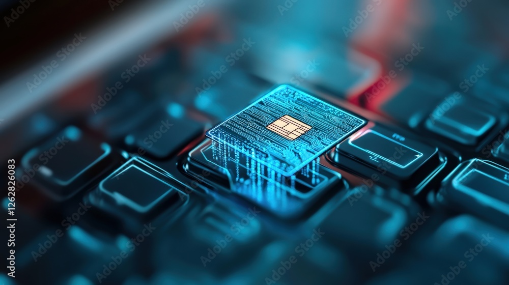 Poster microchip on keyboard in futuristic technology concept illustration