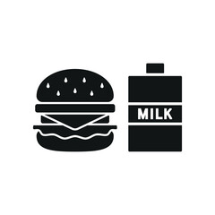 Milk and hamburger set food icon in flat style, featuring a glass of fresh milk and a classic hamburger with lettuce, cheese, and a sesame bun.