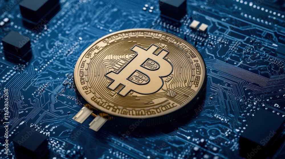 Aufkleber Gold Bitcoin Coin on Circuit Board Background with Digital Elements