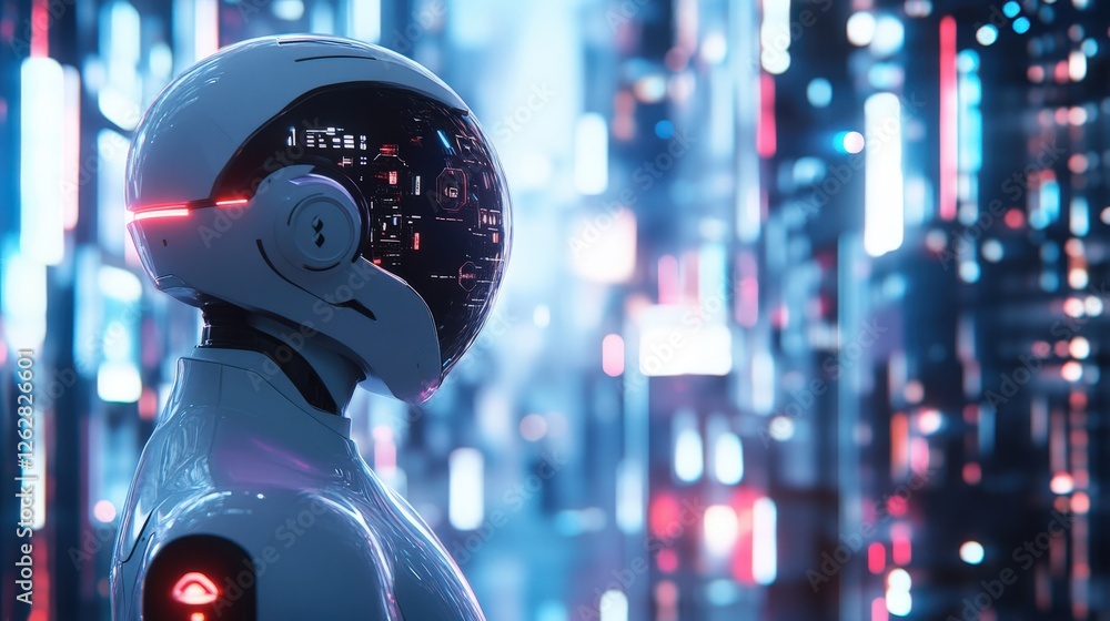 Poster futuristic robot with neon lights in a cyberpunk cityscape