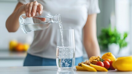 Middle Aged Woman Pouring Water into Glass in Kitchen