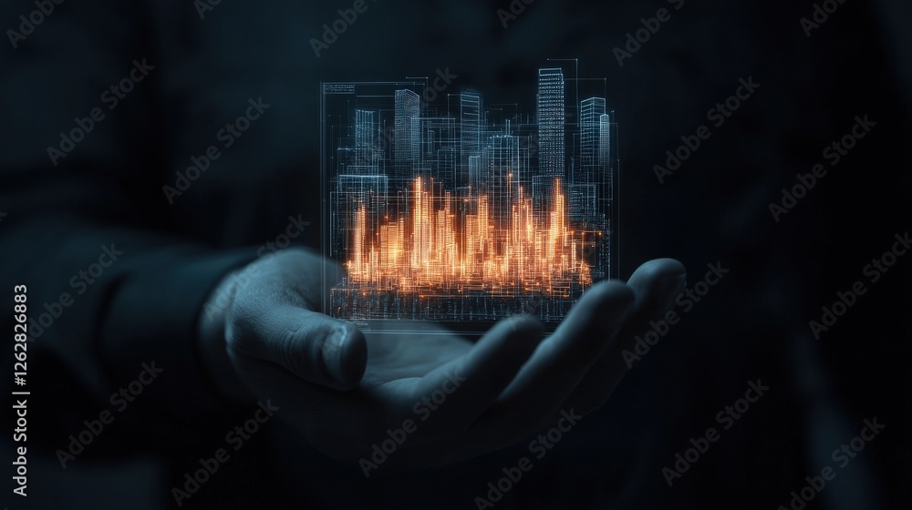 Poster digital cityscape with data visualization in human hand concept