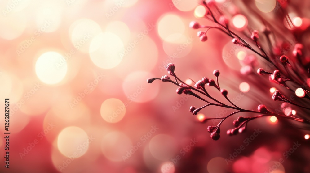 Poster delicate branches with pink buds against a soft bokeh background