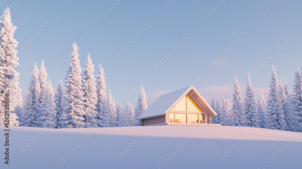 Poster warm light emanating from the large windows of a modern. snow covered wooden chalet. surrounded by s