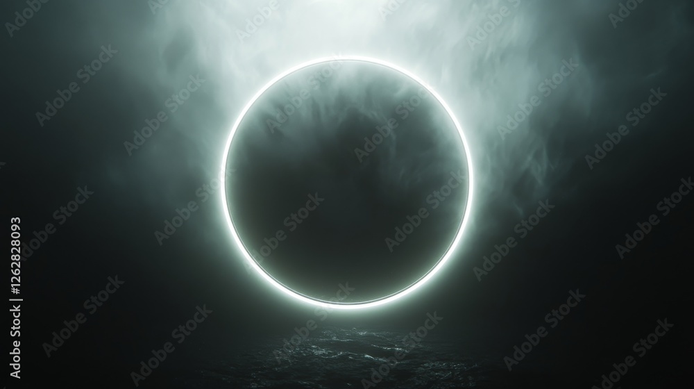 Poster luminous circle hovering over dark and mysterious smoky landscape