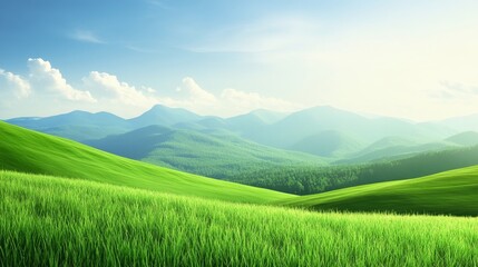 Fototapeta premium Lush Green hill Under a Bright Sky with Soft Clouds and Distant mountain, Ideal for Nature Themes