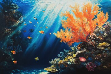 Fototapeta na wymiar A vibrant coral reef with colorful corals and tropical fish, under the blue sky of an island in the South Seas.