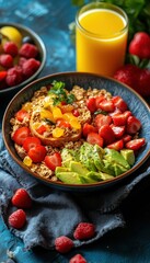 Healthy breakfast bowl with granola, fruit, and avocado.