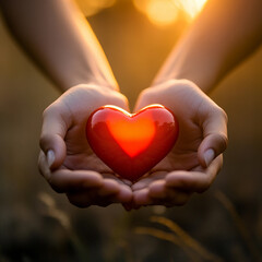 Obraz premium Hands holding a red heart against a sunset backdrop evoke feelings of love and connection
