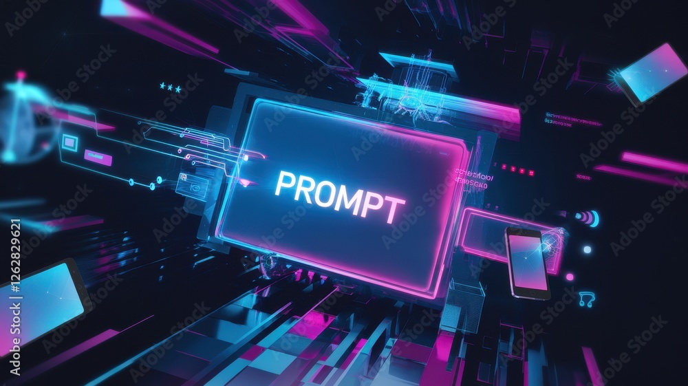 Poster futuristic digital interface displaying the word prompt in neon colors