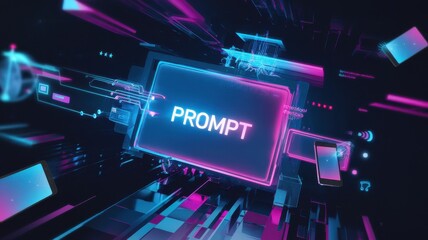 Obraz premium Futuristic digital interface displaying the word PROMPT in neon colors
