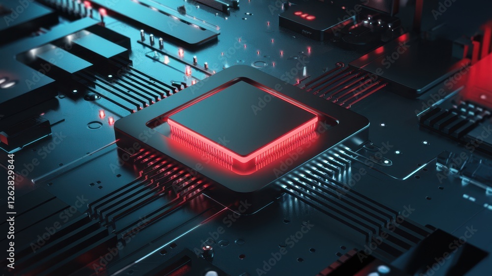 Poster close-up of a glowing microchip on a futuristic circuit board