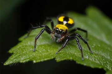Naklejka premium Jumping spider on green leaf, close-up view, nature macro