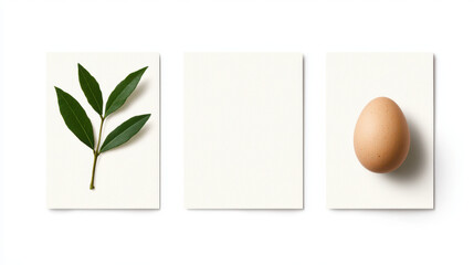 Fresh leaves and egg on blank cards create minimalist composition