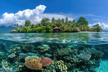 Fototapeta premium A vibrant coral reef with colorful corals and tropical fish, under the blue sky of an island in the South Seas.