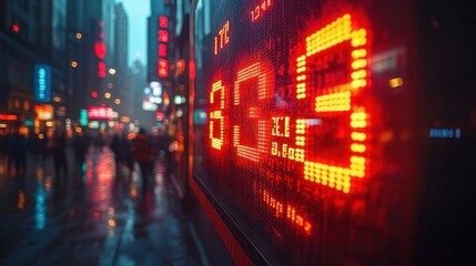 Illuminated digital display in a rainy city at night.