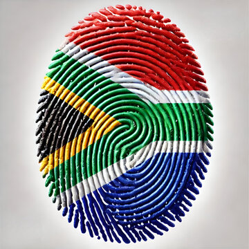 A highly detailed fingerprint in the vibrant colors of the South African national flag, featuring red, blue, green, yellow, black, and white, symbolizing national identity and unity.
