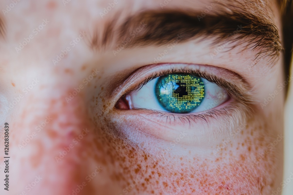 Poster program code visible in the reflective eyes of a concentrated programmer at work