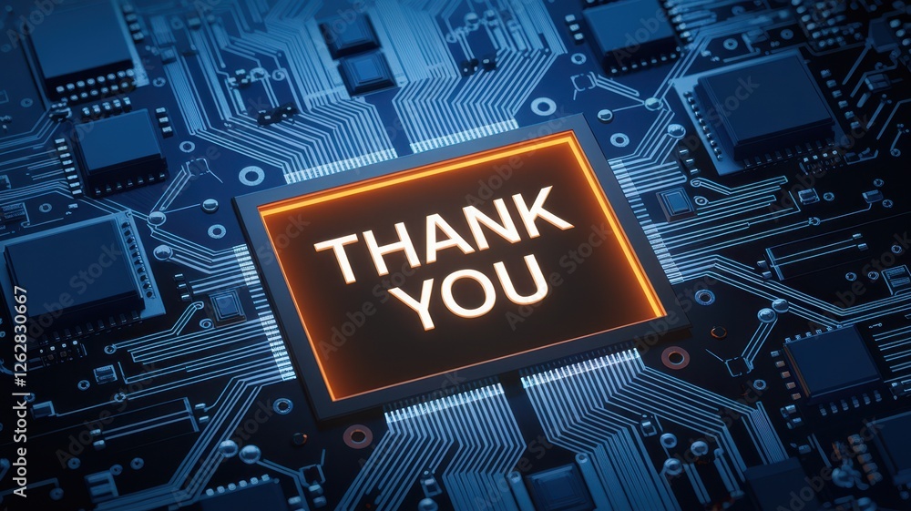 Poster thank you message displayed on a circuit board background