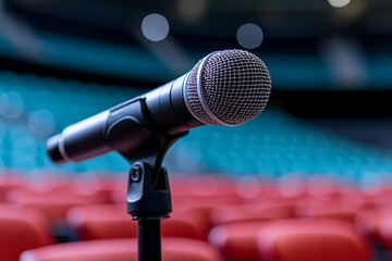 Close-up of a microphone on a stand in an empty auditorium