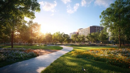 Fototapeta premium serene park setting near modern apartment buildings