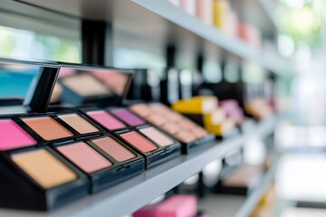 Various colorful makeup palettes displayed on shelves in a beauty store