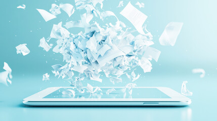 Digital documents exploding from tablet on blue background