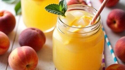 Fototapeta premium Vibrant summer table with homemade peach lemonade and fresh peaches in inviting setup 