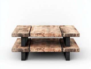 Wooden coffee table with rustic design featuring sturdy black metal legs on a white background