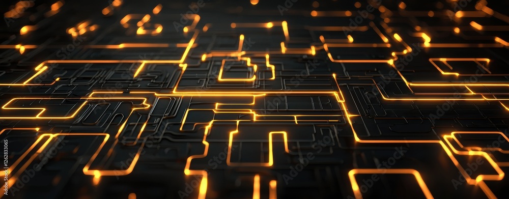 Poster a futuristic circuit board pattern illuminated by glowing lines, showcasing a blend of technology an